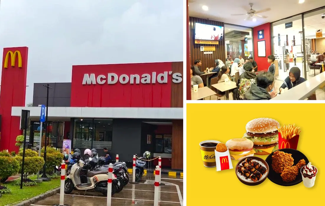 Kolase eksterior, suasana area makan, dan pilihan menu McDonald's Juanda Bekasi Timur